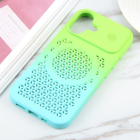 For iPhone 16 Gradient Color Honeycomb Aromatherapy MagSafe Phone Case(Green Blue) by buy2fix