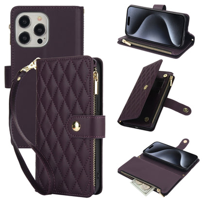 For iPhone 15 Pro Max YM016 Rhombic Zipper Card Wallet Leather Phone Case with Lanyard(Dark Purple) - iPhone 15 Pro Max Cases by buy2fix | Online Shopping UK | buy2fix