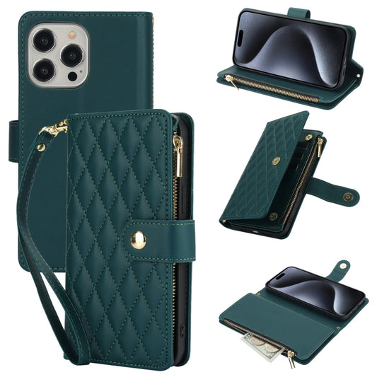 For iPhone 15 Pro Max YM016 Rhombic Zipper Card Wallet Leather Phone Case with Lanyard(Green) - iPhone 15 Pro Max Cases by buy2fix | Online Shopping UK | buy2fix