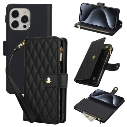 For iPhone 15 Pro Max YM016 Rhombic Zipper Card Wallet Leather Phone Case with Lanyard(Black) - iPhone 15 Pro Max Cases by buy2fix | Online Shopping UK | buy2fix