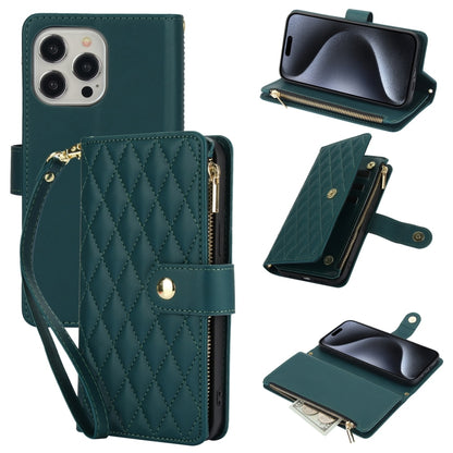 For iPhone 15 Pro YM016 Rhombic Zipper Card Wallet Leather Phone Case with Lanyard(Green) - iPhone 15 Pro Cases by buy2fix | Online Shopping UK | buy2fix