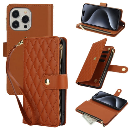 For iPhone 15 Pro YM016 Rhombic Zipper Card Wallet Leather Phone Case with Lanyard(Brown) - iPhone 15 Pro Cases by buy2fix | Online Shopping UK | buy2fix