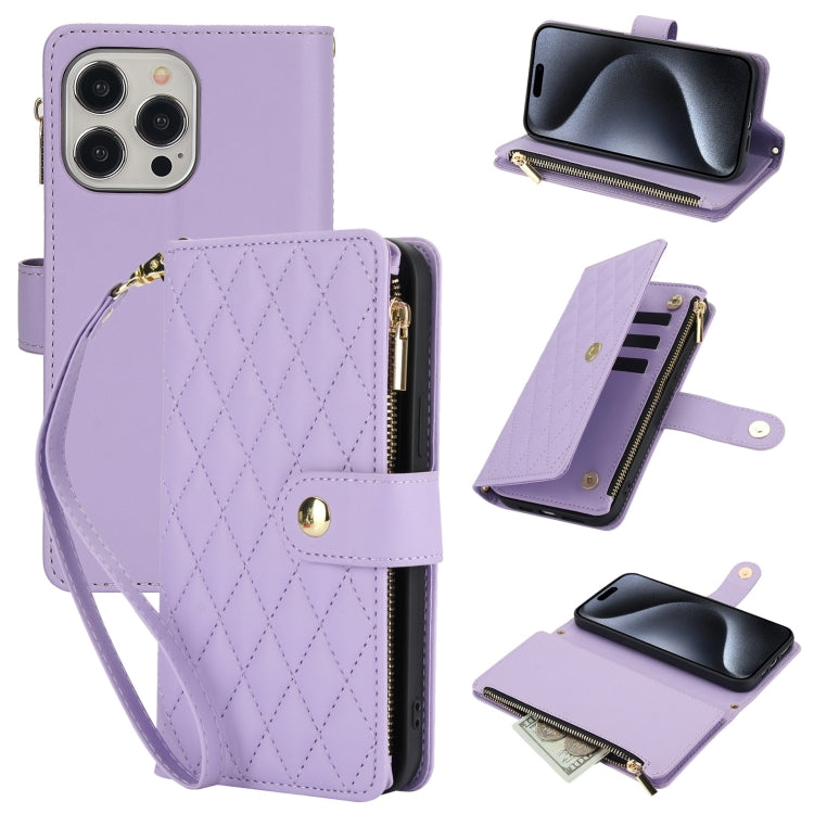 For iPhone 15 Pro YM016 Rhombic Zipper Card Wallet Leather Phone Case with Lanyard(Light Purple) - iPhone 15 Pro Cases by buy2fix | Online Shopping UK | buy2fix