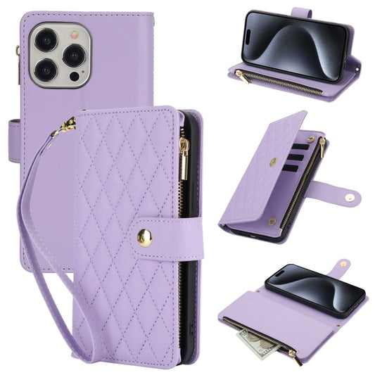 For iPhone 15 Pro YM016 Rhombic Zipper Card Wallet Leather Phone Case with Lanyard(Light Purple) - iPhone 15 Pro Cases by buy2fix | Online Shopping UK | buy2fix
