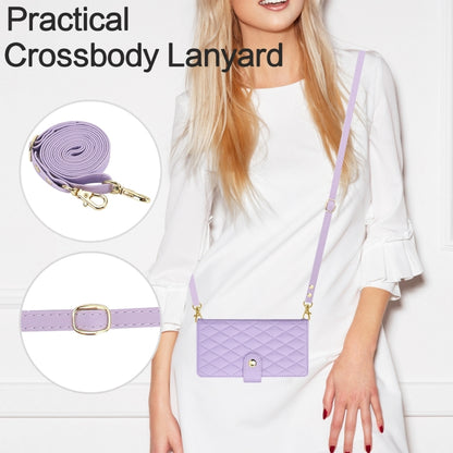 For iPhone 15 Pro YM016 Rhombic Zipper Card Wallet Leather Phone Case with Lanyard(Light Purple) - iPhone 15 Pro Cases by buy2fix | Online Shopping UK | buy2fix