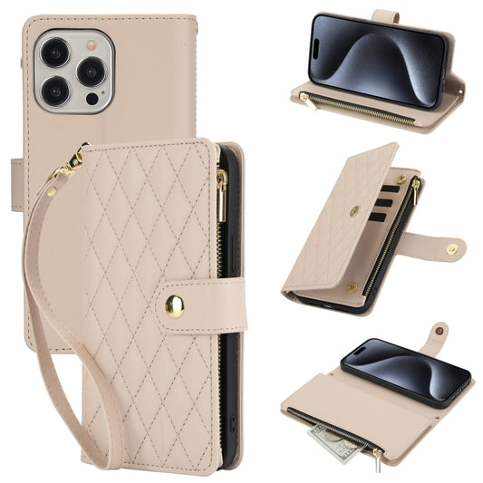 For iPhone 15 Pro YM016 Rhombic Zipper Card Wallet Leather Phone Case with Lanyard(Apricot) - iPhone 15 Pro Cases by buy2fix | Online Shopping UK | buy2fix