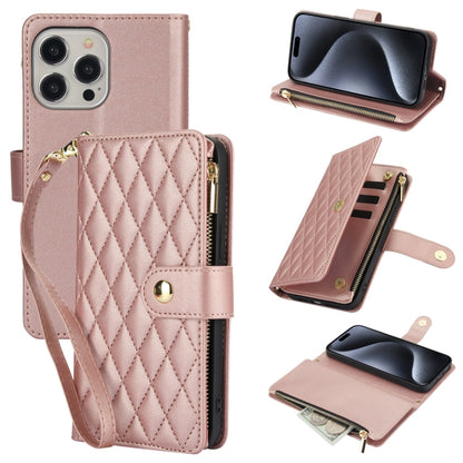 For iPhone 15 Pro YM016 Rhombic Zipper Card Wallet Leather Phone Case with Lanyard(Rose Gold) - iPhone 15 Pro Cases by buy2fix | Online Shopping UK | buy2fix