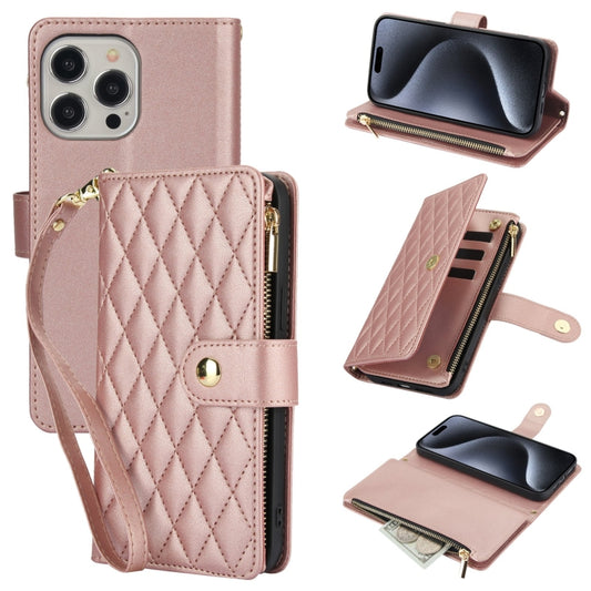 For iPhone 15 Pro YM016 Rhombic Zipper Card Wallet Leather Phone Case with Lanyard(Rose Gold) - iPhone 15 Pro Cases by buy2fix | Online Shopping UK | buy2fix
