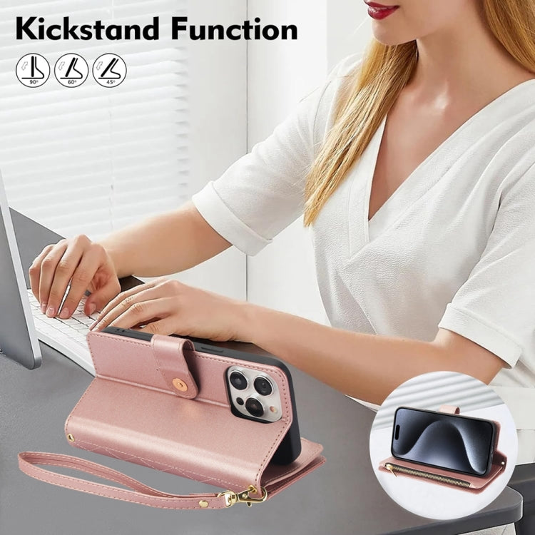 For iPhone 15 Pro YM016 Rhombic Zipper Card Wallet Leather Phone Case with Lanyard(Rose Gold) - iPhone 15 Pro Cases by buy2fix | Online Shopping UK | buy2fix