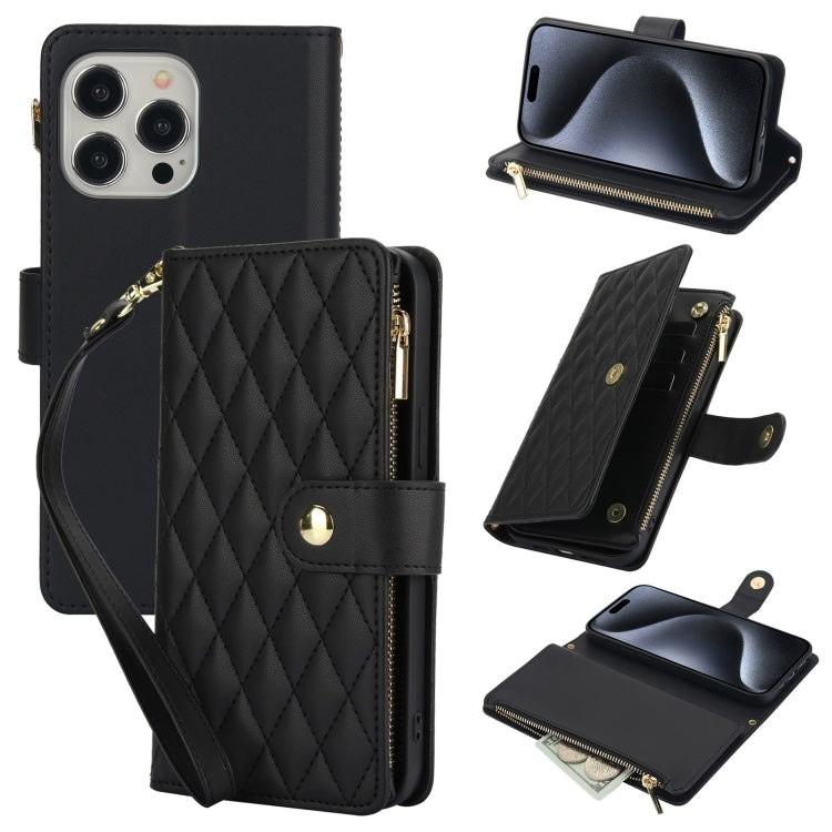 For iPhone 15 Pro YM016 Rhombic Zipper Card Wallet Leather Phone Case with Lanyard(Black) - iPhone 15 Pro Cases by buy2fix | Online Shopping UK | buy2fix