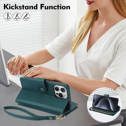 For iPhone 15 Plus YM016 Rhombic Zipper Card Wallet Leather Phone Case with Lanyard(Green) - iPhone 15 Plus Cases by buy2fix | Online Shopping UK | buy2fix