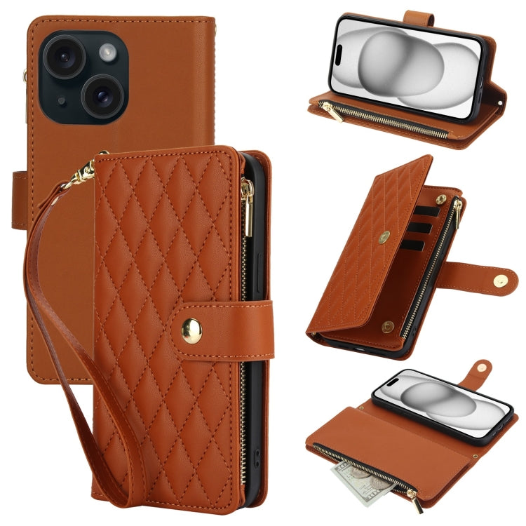 For iPhone 15 Plus YM016 Rhombic Zipper Card Wallet Leather Phone Case with Lanyard(Brown) - iPhone 15 Plus Cases by buy2fix | Online Shopping UK | buy2fix