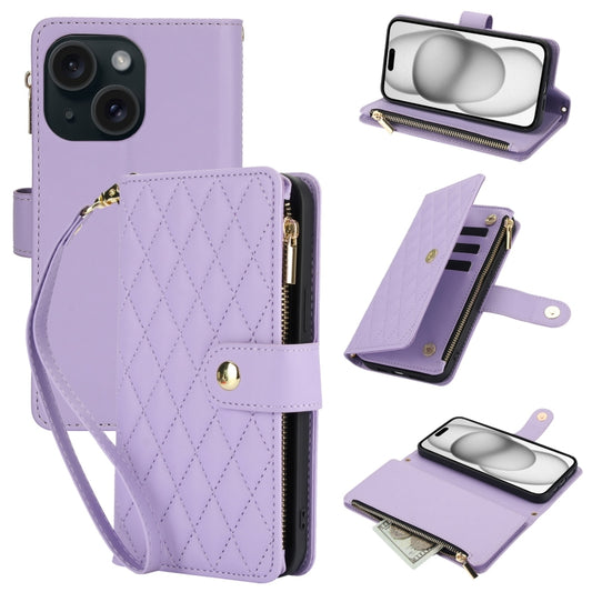 For iPhone 15 Plus YM016 Rhombic Zipper Card Wallet Leather Phone Case with Lanyard(Light Purple) - iPhone 15 Plus Cases by buy2fix | Online Shopping UK | buy2fix