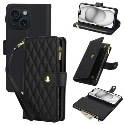 For iPhone 15 Plus YM016 Rhombic Zipper Card Wallet Leather Phone Case with Lanyard(Black) - iPhone 15 Plus Cases by buy2fix | Online Shopping UK | buy2fix