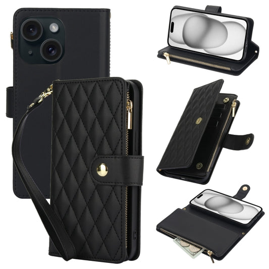 For iPhone 15 Plus YM016 Rhombic Zipper Card Wallet Leather Phone Case with Lanyard(Black) - iPhone 15 Plus Cases by buy2fix | Online Shopping UK | buy2fix