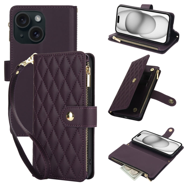 For iPhone 15 YM016 Rhombic Zipper Card Wallet Leather Phone Case with Lanyard(Dark Purple) - iPhone 15 Cases by buy2fix | Online Shopping UK | buy2fix