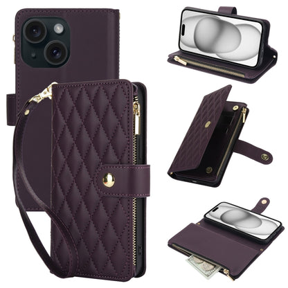 For iPhone 15 YM016 Rhombic Zipper Card Wallet Leather Phone Case with Lanyard(Dark Purple) - iPhone 15 Cases by buy2fix | Online Shopping UK | buy2fix