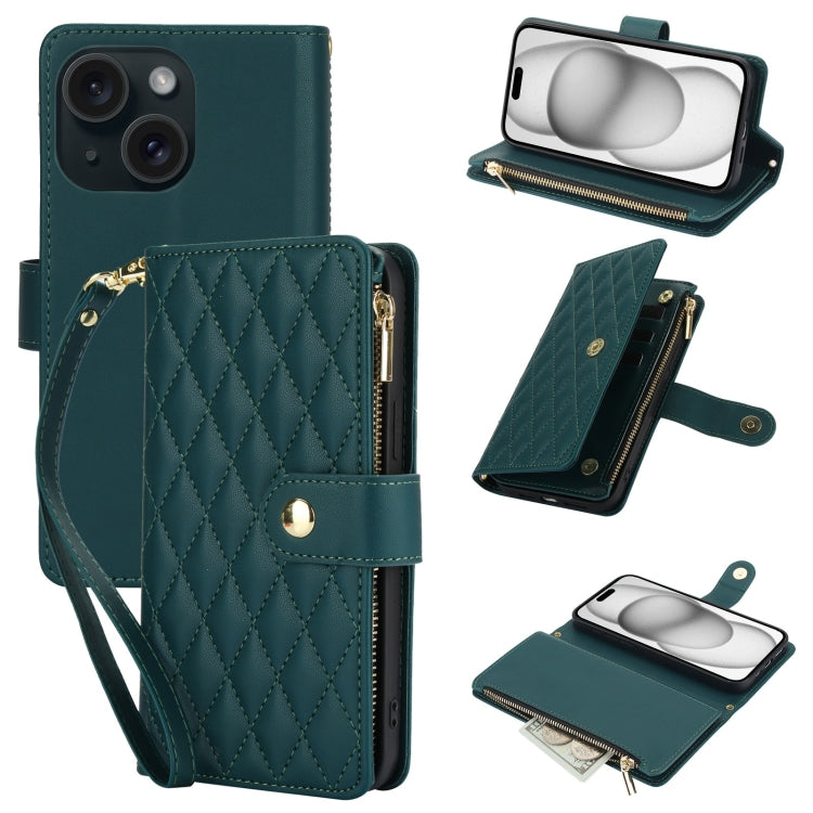 For iPhone 15 YM016 Rhombic Zipper Card Wallet Leather Phone Case with Lanyard(Green) - iPhone 15 Cases by buy2fix | Online Shopping UK | buy2fix