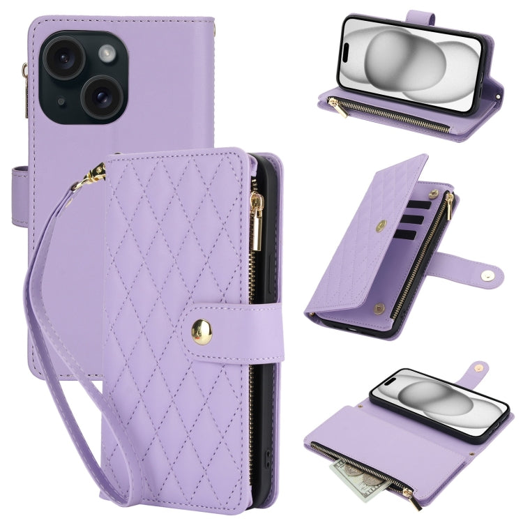 For iPhone 15 YM016 Rhombic Zipper Card Wallet Leather Phone Case with Lanyard(Light Purple) - iPhone 15 Cases by buy2fix | Online Shopping UK | buy2fix