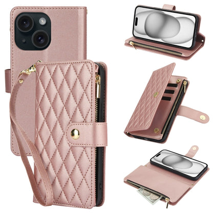 For iPhone 15 YM016 Rhombic Zipper Card Wallet Leather Phone Case with Lanyard(Rose Gold) - iPhone 15 Cases by buy2fix | Online Shopping UK | buy2fix