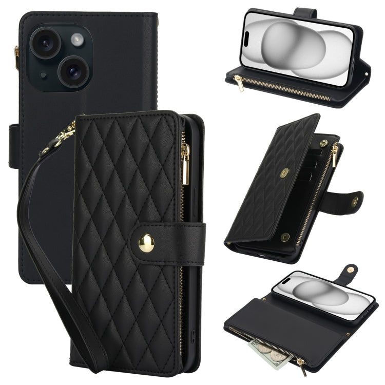 For iPhone 15 YM016 Rhombic Zipper Card Wallet Leather Phone Case with Lanyard(Black) - iPhone 15 Cases by buy2fix | Online Shopping UK | buy2fix
