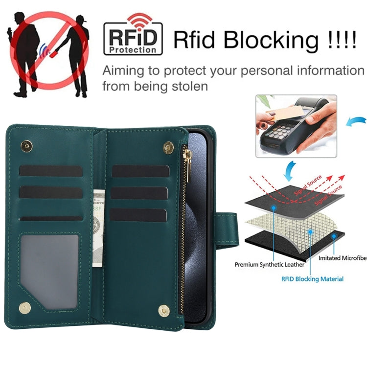 For iPhone 14 YM016 Rhombic Zipper Card Wallet Leather Phone Case with Lanyard(Green) - iPhone 14 Cases by buy2fix | Online Shopping UK | buy2fix