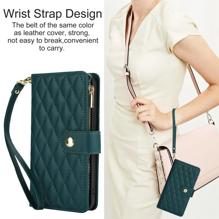 For iPhone 14 YM016 Rhombic Zipper Card Wallet Leather Phone Case with Lanyard(Green) - iPhone 14 Cases by buy2fix | Online Shopping UK | buy2fix