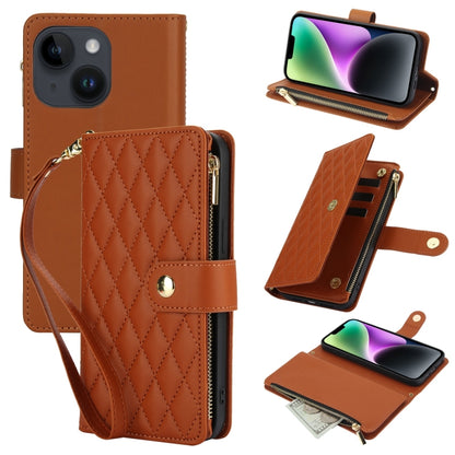 For iPhone 14 YM016 Rhombic Zipper Card Wallet Leather Phone Case with Lanyard(Brown) - iPhone 14 Cases by buy2fix | Online Shopping UK | buy2fix