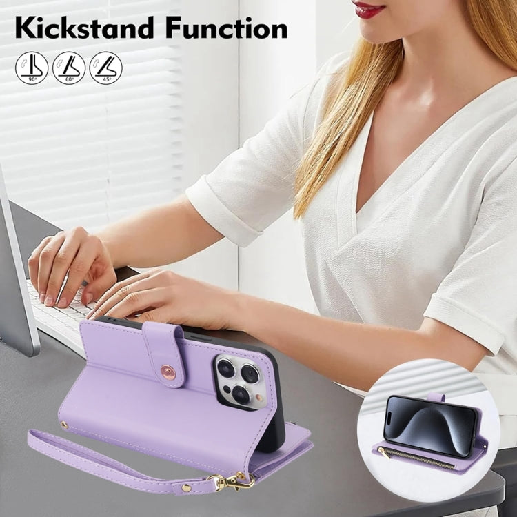 For iPhone 14 YM016 Rhombic Zipper Card Wallet Leather Phone Case with Lanyard(Light Purple) - iPhone 14 Cases by buy2fix | Online Shopping UK | buy2fix