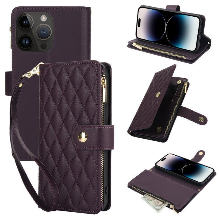 For iPhone 14 Pro YM016 Rhombic Zipper Card Wallet Leather Phone Case with Lanyard(Dark Purple) - iPhone 14 Pro Cases by buy2fix | Online Shopping UK | buy2fix