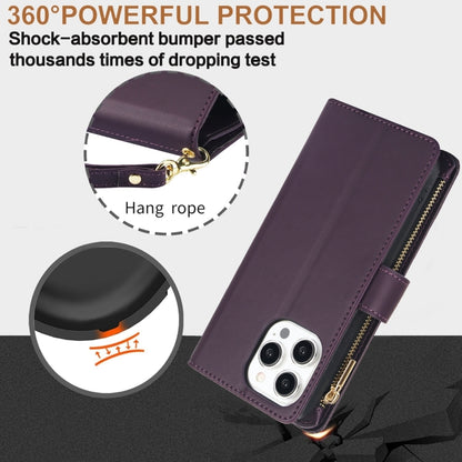 For iPhone 14 Pro YM016 Rhombic Zipper Card Wallet Leather Phone Case with Lanyard(Dark Purple) - iPhone 14 Pro Cases by buy2fix | Online Shopping UK | buy2fix