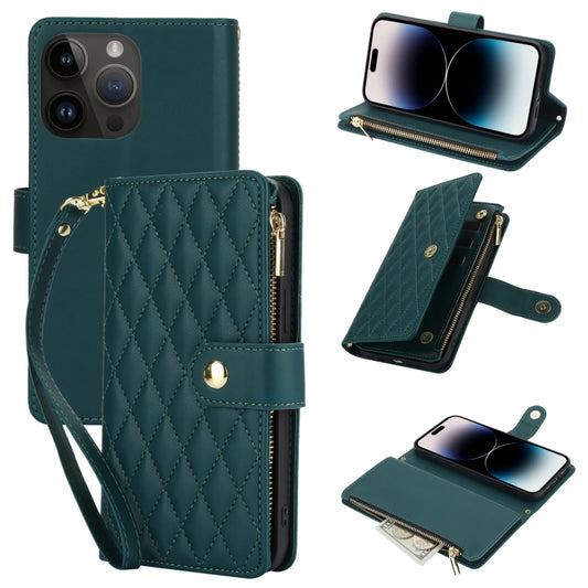 For iPhone 14 Pro YM016 Rhombic Zipper Card Wallet Leather Phone Case with Lanyard(Green) - iPhone 14 Pro Cases by buy2fix | Online Shopping UK | buy2fix