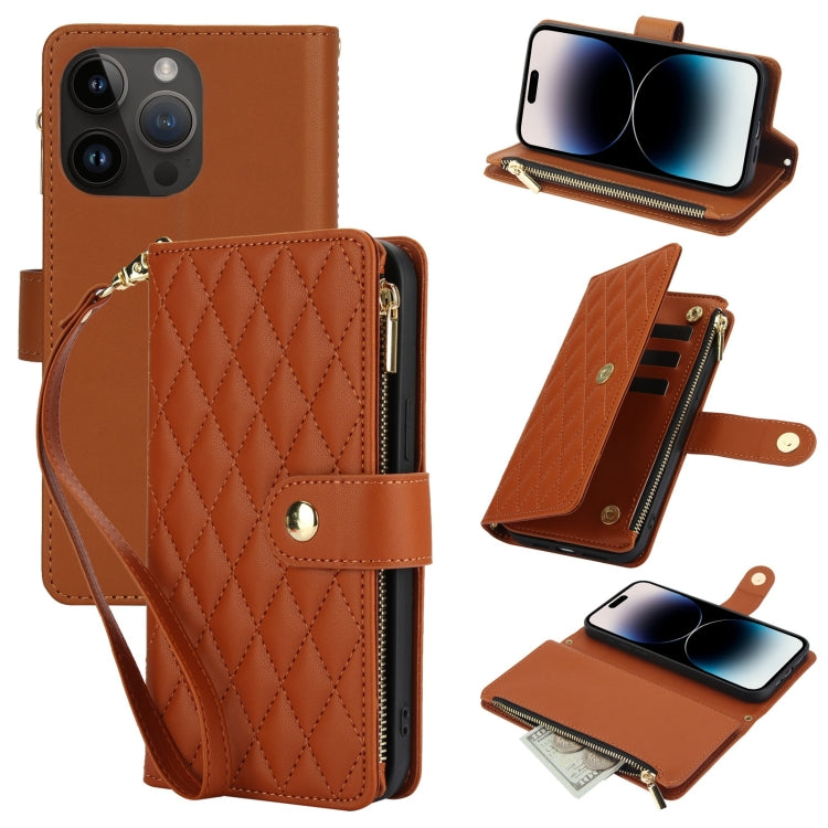 For iPhone 14 Pro YM016 Rhombic Zipper Card Wallet Leather Phone Case with Lanyard(Brown) - iPhone 14 Pro Cases by buy2fix | Online Shopping UK | buy2fix