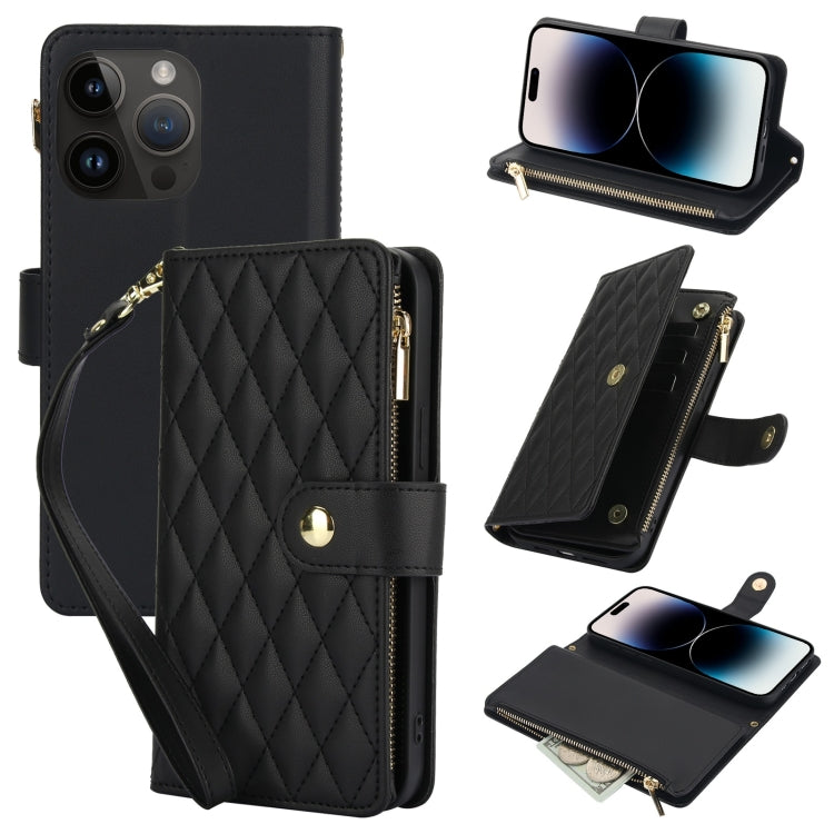 For iPhone 14 Pro YM016 Rhombic Zipper Card Wallet Leather Phone Case with Lanyard(Black) - iPhone 14 Pro Cases by buy2fix | Online Shopping UK | buy2fix