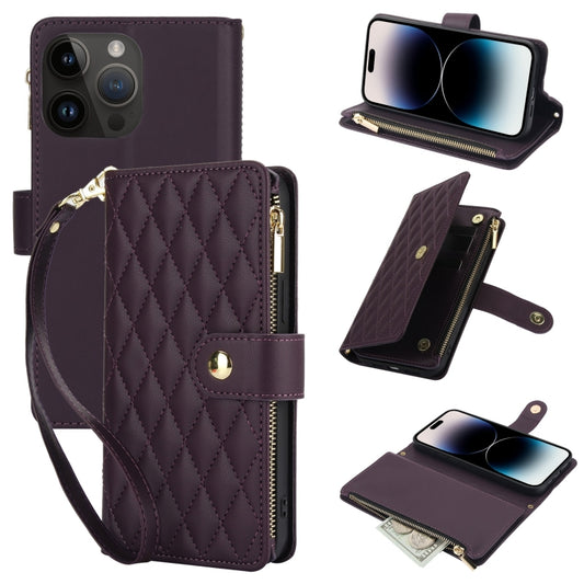For iPhone 14 Pro Max YM016 Rhombic Zipper Card Wallet Leather Phone Case with Lanyard(Dark Purple) - iPhone 14 Pro Max Cases by buy2fix | Online Shopping UK | buy2fix