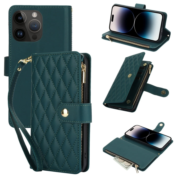 For iPhone 14 Pro Max YM016 Rhombic Zipper Card Wallet Leather Phone Case with Lanyard(Green) - iPhone 14 Pro Max Cases by buy2fix | Online Shopping UK | buy2fix