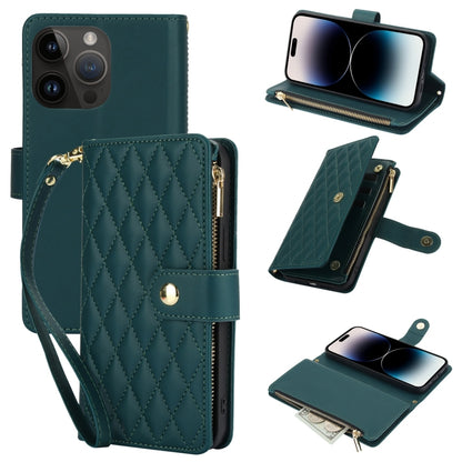 For iPhone 14 Pro Max YM016 Rhombic Zipper Card Wallet Leather Phone Case with Lanyard(Green) - iPhone 14 Pro Max Cases by buy2fix | Online Shopping UK | buy2fix