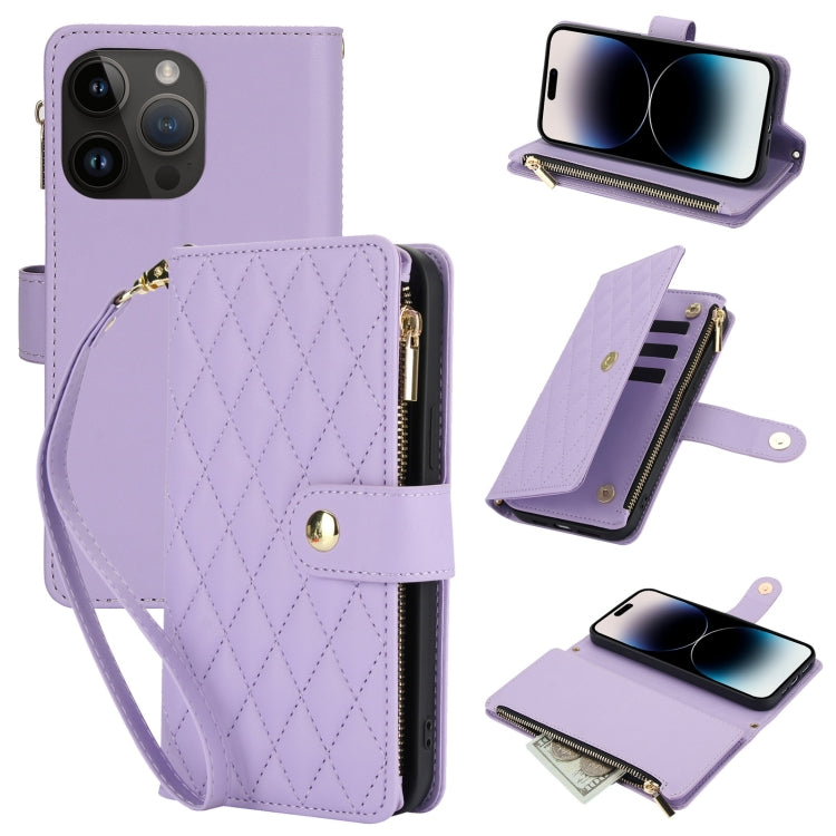 For iPhone 14 Pro Max YM016 Rhombic Zipper Card Wallet Leather Phone Case with Lanyard(Light Purple) - iPhone 14 Pro Max Cases by buy2fix | Online Shopping UK | buy2fix
