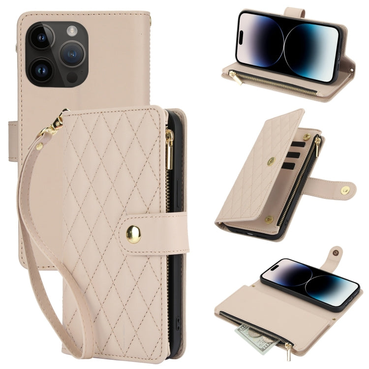 For iPhone 14 Pro Max YM016 Rhombic Zipper Card Wallet Leather Phone Case with Lanyard(Apricot) - iPhone 14 Pro Max Cases by buy2fix | Online Shopping UK | buy2fix