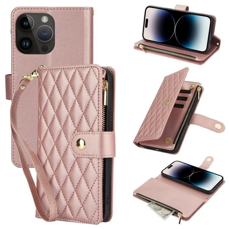 For iPhone 14 Pro Max YM016 Rhombic Zipper Card Wallet Leather Phone Case with Lanyard(Rose Gold) - iPhone 14 Pro Max Cases by buy2fix | Online Shopping UK | buy2fix