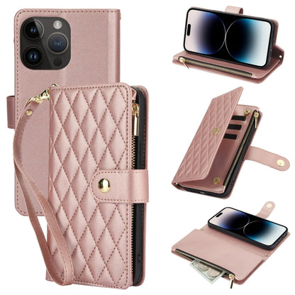 For iPhone 14 Pro Max YM016 Rhombic Zipper Card Wallet Leather Phone Case with Lanyard(Rose Gold) - iPhone 14 Pro Max Cases by buy2fix | Online Shopping UK | buy2fix