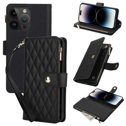 For iPhone 14 Pro Max YM016 Rhombic Zipper Card Wallet Leather Phone Case with Lanyard(Black) - iPhone 14 Pro Max Cases by buy2fix | Online Shopping UK | buy2fix