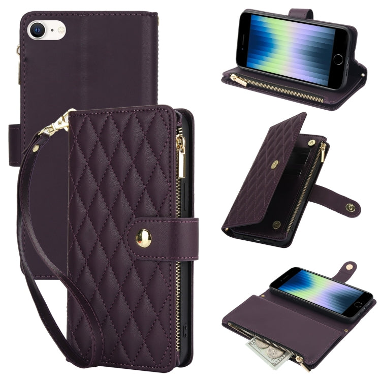 For iPhone SE 2022 / SE 2020 / 8 YM016 Rhombic Zipper Card Wallet Leather Phone Case with Lanyard(Dark Purple) - iPhone SE 2022 / 2020 / 8 / 7 Cases by buy2fix | Online Shopping UK | buy2fix