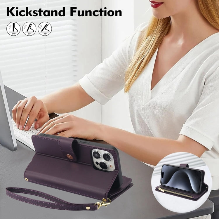 For iPhone SE 2022 / SE 2020 / 8 YM016 Rhombic Zipper Card Wallet Leather Phone Case with Lanyard(Dark Purple) - iPhone SE 2022 / 2020 / 8 / 7 Cases by buy2fix | Online Shopping UK | buy2fix