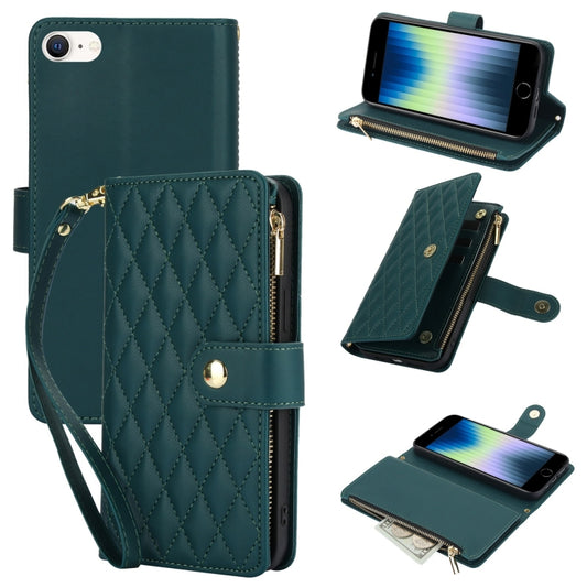 For iPhone SE 2022 / SE 2020 / 8 YM016 Rhombic Zipper Card Wallet Leather Phone Case with Lanyard(Green) - iPhone SE 2022 / 2020 / 8 / 7 Cases by buy2fix | Online Shopping UK | buy2fix