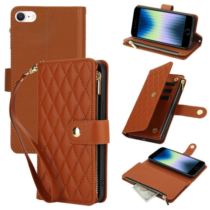 For iPhone SE 2022 / SE 2020 / 8 YM016 Rhombic Zipper Card Wallet Leather Phone Case with Lanyard(Brown) - iPhone SE 2022 / 2020 / 8 / 7 Cases by buy2fix | Online Shopping UK | buy2fix