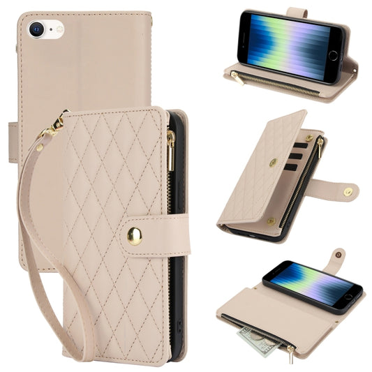 For iPhone SE 2022 / SE 2020 / 8 YM016 Rhombic Zipper Card Wallet Leather Phone Case with Lanyard(Apricot) - iPhone SE 2022 / 2020 / 8 / 7 Cases by buy2fix | Online Shopping UK | buy2fix