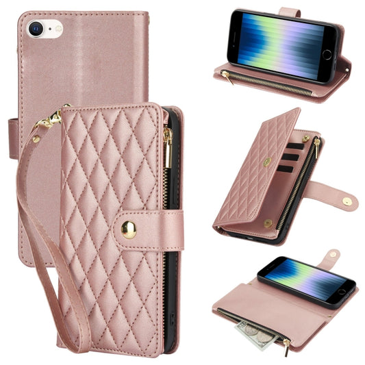 For iPhone SE 2022 / SE 2020 / 8 YM016 Rhombic Zipper Card Wallet Leather Phone Case with Lanyard(Rose Gold) - iPhone SE 2022 / 2020 / 8 / 7 Cases by buy2fix | Online Shopping UK | buy2fix
