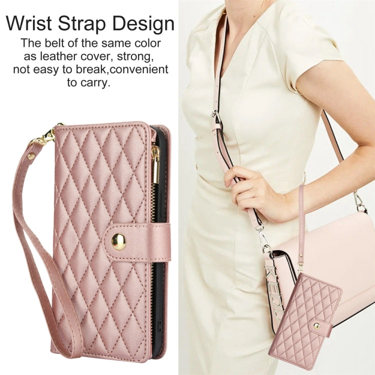 For iPhone SE 2022 / SE 2020 / 8 YM016 Rhombic Zipper Card Wallet Leather Phone Case with Lanyard(Rose Gold) - iPhone SE 2022 / 2020 / 8 / 7 Cases by buy2fix | Online Shopping UK | buy2fix