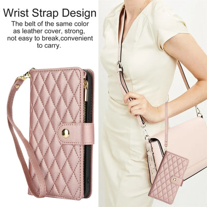 For iPhone SE 2022 / SE 2020 / 8 YM016 Rhombic Zipper Card Wallet Leather Phone Case with Lanyard(Rose Gold) - iPhone SE 2022 / 2020 / 8 / 7 Cases by buy2fix | Online Shopping UK | buy2fix